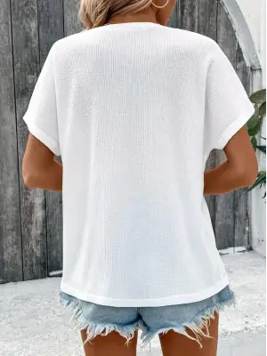 Kadın Kısa Kollu Yakası Açık önden Düğmeli Waffle Bluz