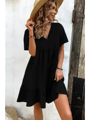 Kadın Kısa Kollu Yakası Bağcıklı önden Düğmeli Fırfır Desenli Süprem Elbise