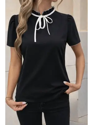 Kadın Kısa Kollu Yakası Fırfırlı Bağcıklı Janjan Krep Bluz