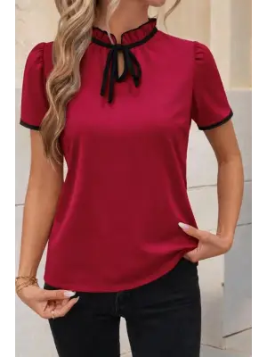 Kadın Kısa Kollu Yakası Fırfırlı Bağcıklı Janjan Krep Bluz