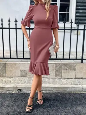 Kadın Kısa Kollu Yarı Balıkçı Yakalı Etek Ucu Fırfırlı Midi Ithal Krep Elbise