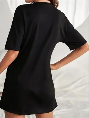 Kadın Kısa Kollu Yazı Baskılı Basic Mini Elbise