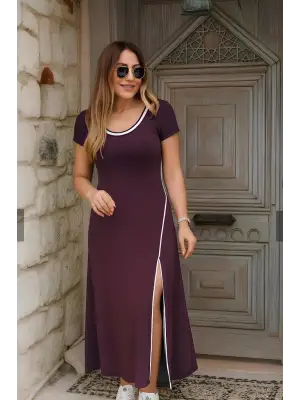 Omarı Beyaz Yırtmaç Detaylı Kadın Elbisesi