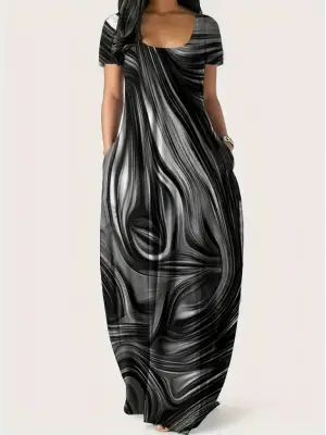 Omarı Yuvarlak Yaka Cepli Baskılı Elbise