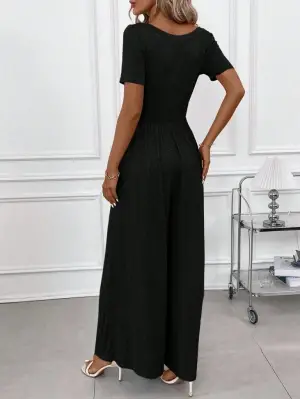 Kadın Kısa Kollu Yuvarlak Yaka Geniş Paçalı Bürümcük Tulum