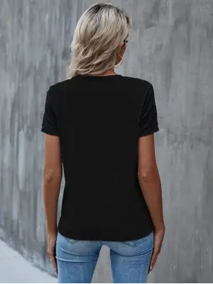 Kadın Kısa Kollu Yuvarlak Yaka ön Dantel Detaylı Viskon Bluz