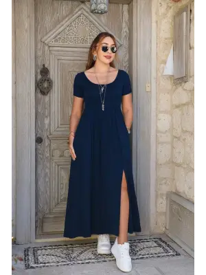 Kadın Kısa Kollu Yuvarlak Yaka önden Yırtmaçlı Cepli Viskon Uzun Elbise