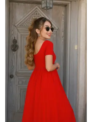 Kadın Kısa Kollu Yuvarlak Yaka önden Yırtmaçlı Cepli Viskon Uzun Elbise