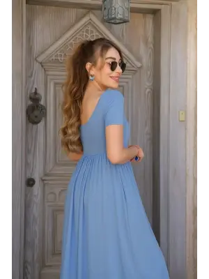 Kadın Kısa Kollu Yuvarlak Yaka önden Yırtmaçlı Cepli Viskon Uzun Elbise