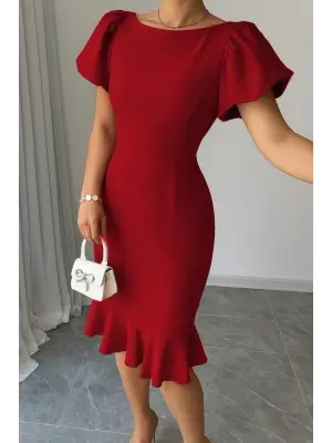 Kadın Kısa Kollu Yuvarlak Yaka Krep Elbise