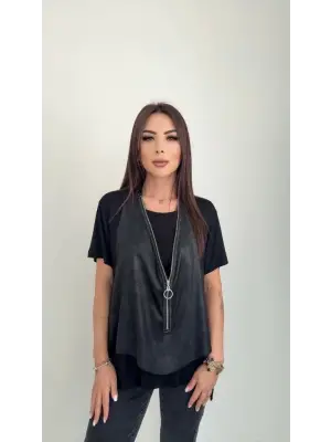 Kadın Kısa Kollu Yuvarlak Yaka Viskon Bluz ve Kolsuz Fermuarlı Deri Yelek