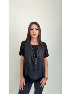 Kadın Kısa Kollu Yuvarlak Yaka Viskon Bluz + Kolsuz Fermuarlı çatlak Deri Yelek