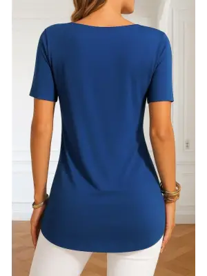 Kadın Kısa Kollu Yuvarlak Yaka Yandan Düğmeli Viskon Bluz