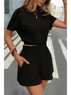 Kadın Kısa Kollu Yuvarlak Yakalı Ithal Keten Bluz Ve Short Ikili Takım