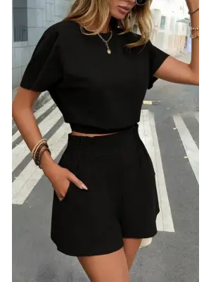 Kadın Kısa Kollu Yuvarlak Yakalı Ithal Keten Bluz Ve Short Ikili Takım