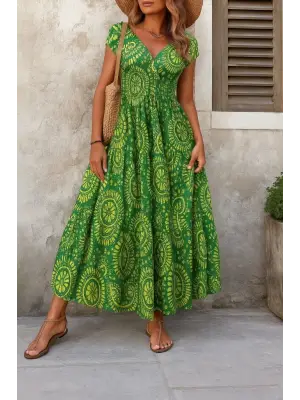 Kadın Kısa Yarasa Kanat Kollu V Yakalı Beli Büzgülü Süprem Elbise