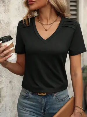 Kadın Kollu V Yakalı Omuzlarda çizgi Detaylı Viskon Bluz