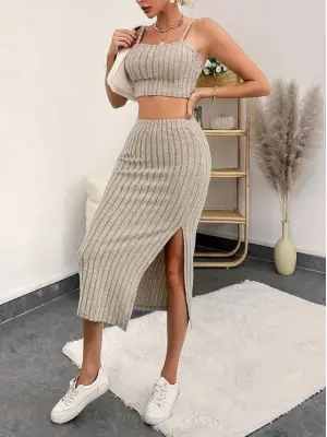 Kadın Kolsuz Askılı Crop Yırtmaçlı Midi Etek Fitilli Kaşkorse Takım