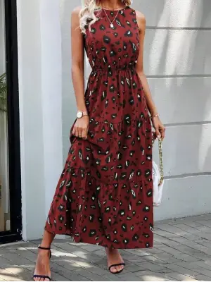 Kadın Kolsuz Bisiklet Yaka Beli Lastikli Desenli Süprem Elbise