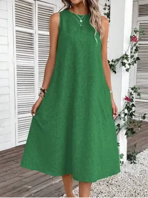 Kadın Kolsuz Bisiklet Yaka Cepli Midi Keten Elbise