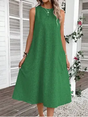 Omarı Feminen Midi Keten Elbise