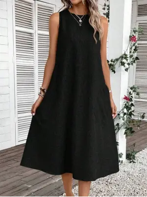 Kadın Kolsuz Bisiklet Yaka Cepli Midi Keten Elbise