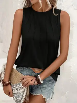 Kadın Kolsuz Bisiklet Yaka önden şerit Detaylı Viskon Bluz