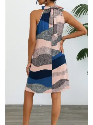 Omarı Desenli Kadın Kolsuz Midi Elbise