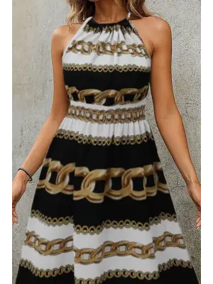 Kadın Kolsuz Boyundan Bağlamalı Beli Lastikli Dijital Baskı Süprem Uzun Elbise