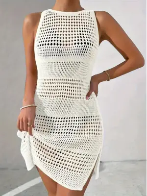 Kadın Kolsuz Derin Sırt Dekolteli Ajurlu Triko Pareo