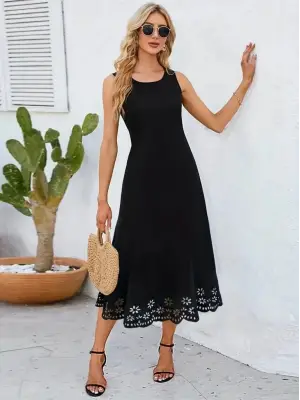 Kadın Kolsuz Etek Ucu Lazer Kesim çiçek Desenli Midi Boy Janjan Krep Elbise