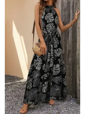 Kadın Kolsuz Halter Yaka Beli Lastikliotantik Desenli Mikro Kumaş Elbise