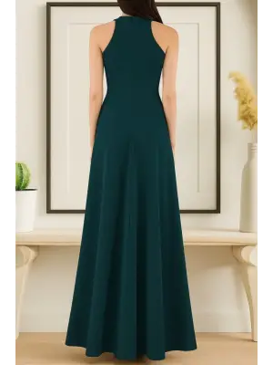 Kadın Kolsuz Halter Yaka Derin Yırtmaç Detaylı Tam Boy Ithal Krep Elbise