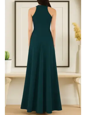 Kadın Kolsuz Halter Yaka Derin Yırtmaç Detaylı Tam Boy Ithal Krep Elbise