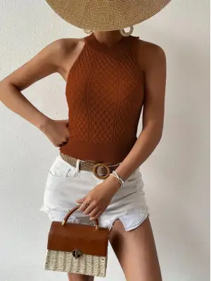 Kadın Kolsuz Halter Yaka Mini Baklava Desenli Triko Bluz