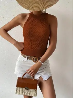 Kadın Kolsuz Halter Yaka Mini Baklava Desenli Triko Bluz