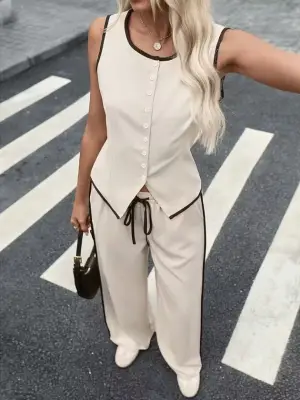 Kadın Kolsuz önü Düğmeli Yelek Ve Pantolon Ikili Takım