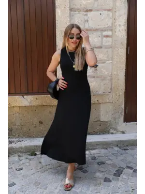 Omarı Sırttan Çapraz İp Detaylı Uzun Elbise