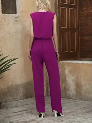 Kadın Kolsuz V Yakalı Aerobin Bluz Ve Belden Kuşaklı Pantolon Ikili Takım