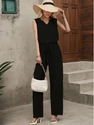 Kadın Kolsuz V Yakalı Aerobin Bluz Ve Belden Kuşaklı Pantolon Ikili Takım