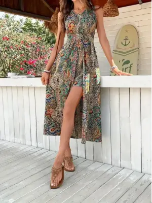 Kadın Kolsuz V Yakalı Desenli Süprem Tulum Elbise