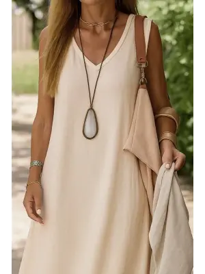 Kadın Kolsuz V Yakalı Maksi Boy Ithal Keten Elbise