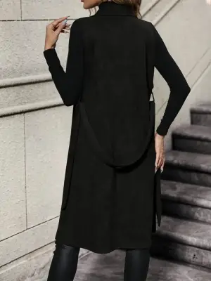 Kadın Kolsuz Yakalı önü Açık Belden Kuşaklı Süet Midi Yelek