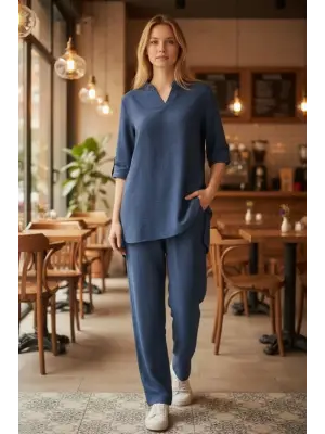 Kadın Kolu Katlanır Düğme Detay Hakim Yaka Bluz  Ve Pantolon Sofia Keten Kumaş Ikili Takim