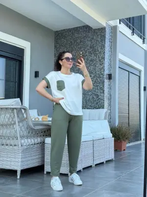 Omarı Kristal Garnili Cep Detaylı Kadın İkili Takım