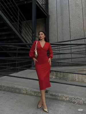 Kadın Kruvaze Yaka Midi Boy Elbise