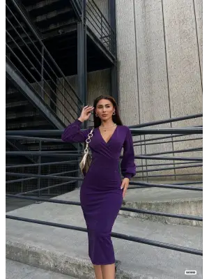 Kadın Kruvaze Yaka Balon Kol Simli Krep Kumaş Midi Boy Elbise