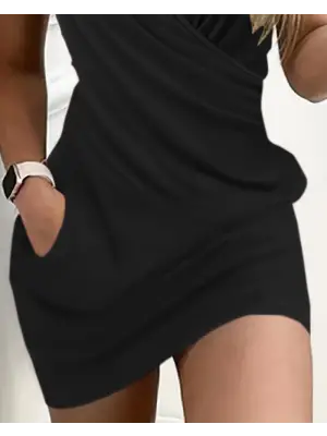 Kadın Kruvaze Yaka Büzgü Ve Zincir Aksesuar Detay Cepli Sandy Mini Elbise