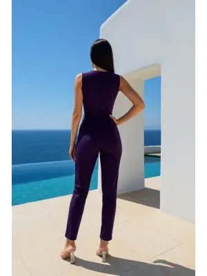 Omarı Güpür Detaylı Kadın Kruvaze Yaka Tulum