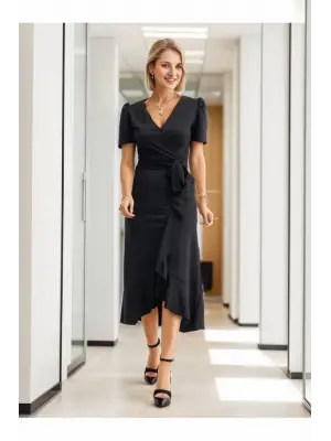 Omarı Şık Kadın Kruvaze Yaka Elbise Cm Uzunluğunda